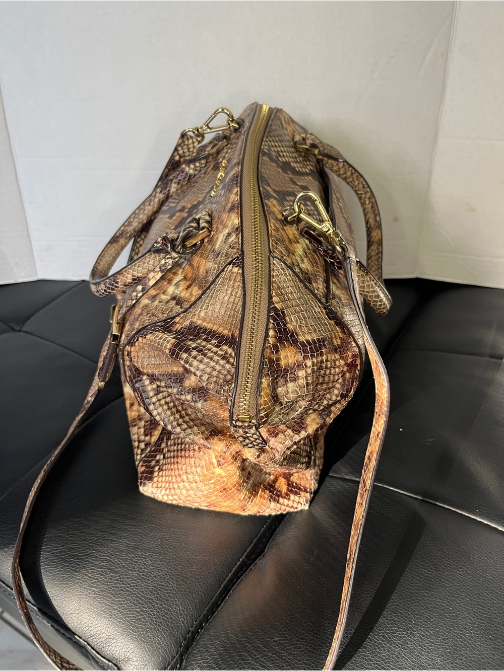 Michael Kors Embossed Leather Snakeskin Python Print Riley Satchel Hand Bag - Picture 6 of 14